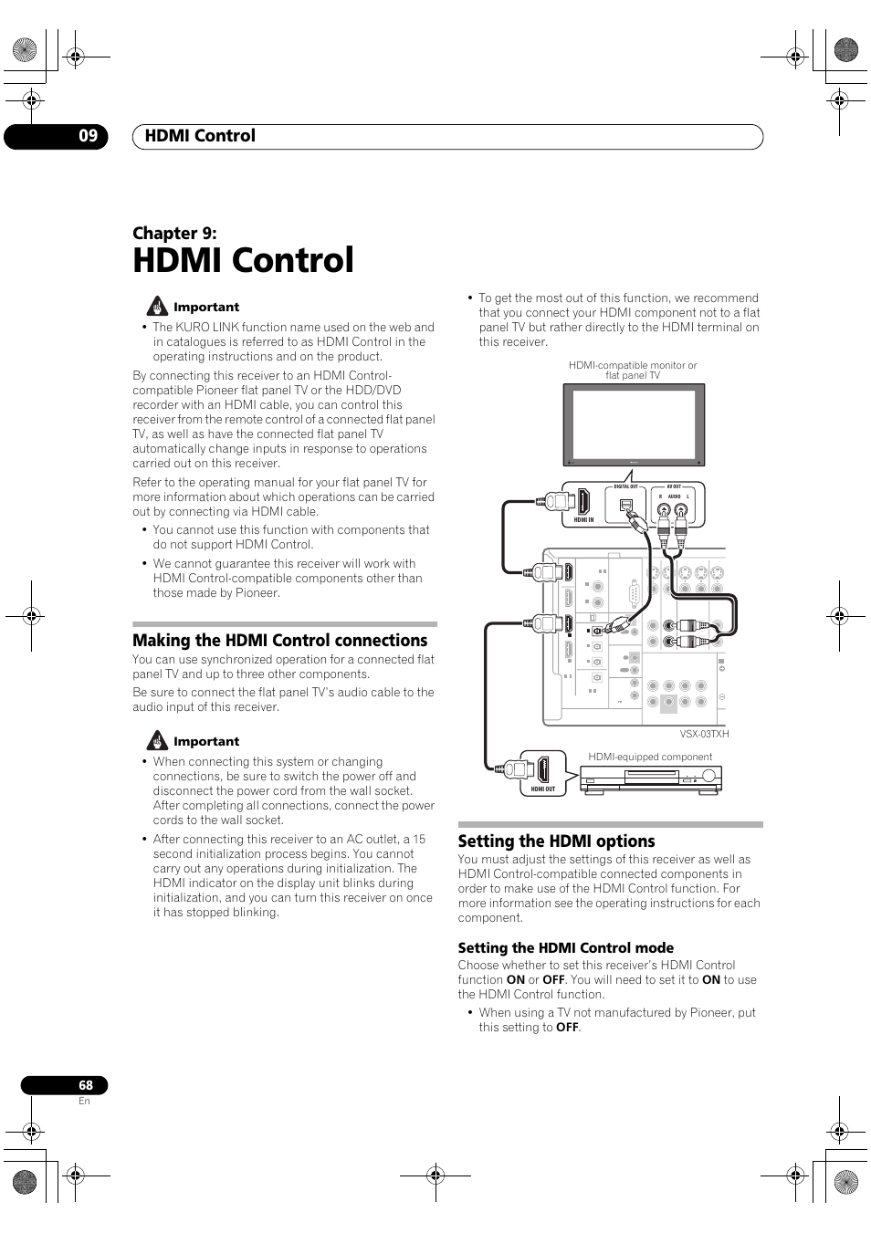 Setting the hdmi control mode, Hdmi control, Hdmi control 09 | Chapter 9, Making the hdmi control connections, Setting the hdmi options | Pioneer Elite VSX-03TXH User Manual | Page 68 / 104