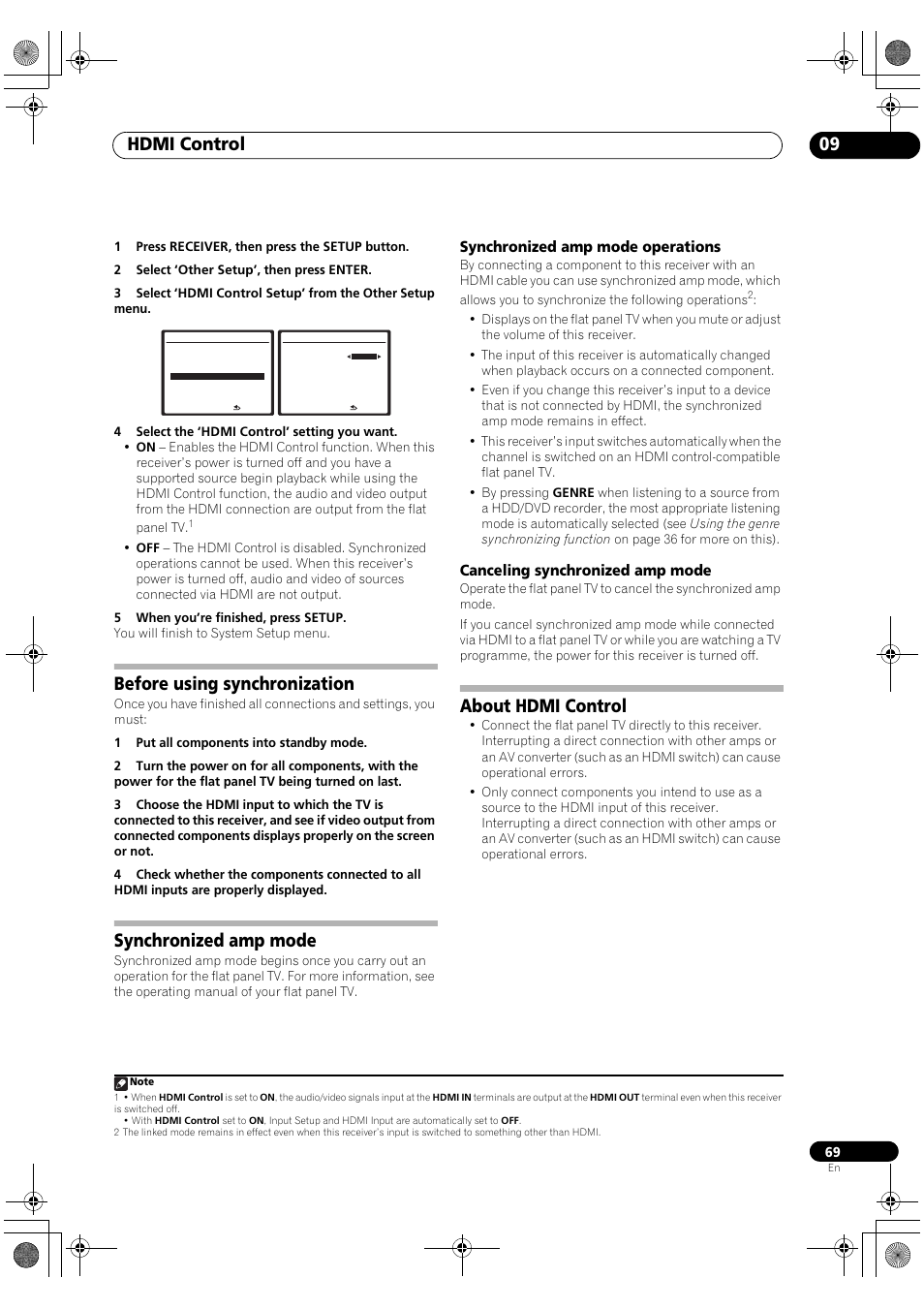 Before using synchronization synchronized amp mode, About hdmi control, Hdmi control 09 | Before using synchronization, Synchronized amp mode | Pioneer Elite VSX-03TXH User Manual | Page 69 / 104