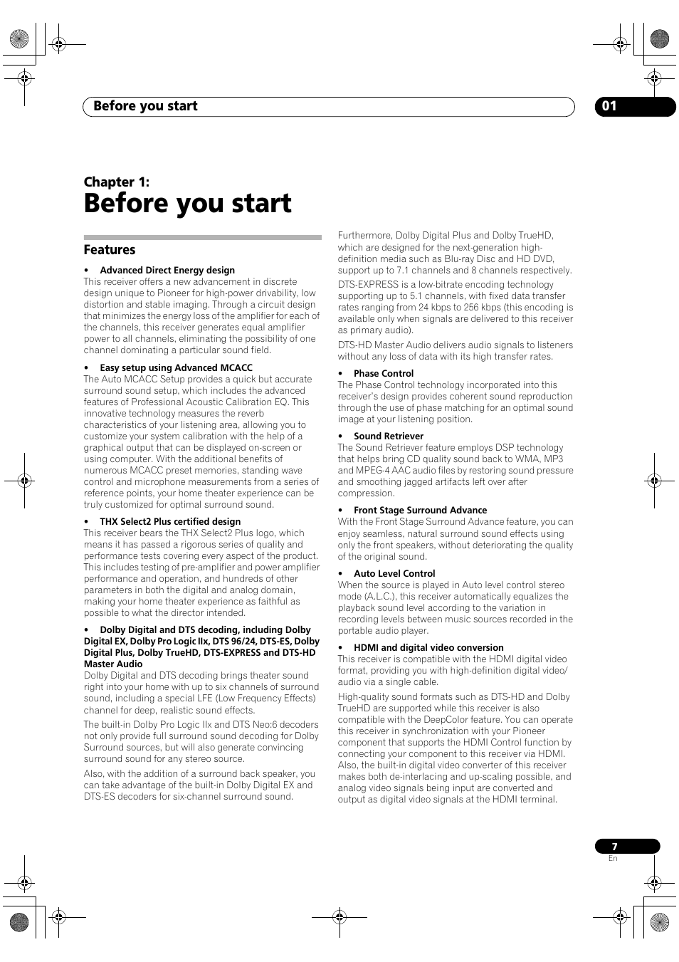 Features, Before you start, Before you start 01 | Chapter 1 | Pioneer Elite VSX-03TXH User Manual | Page 7 / 104