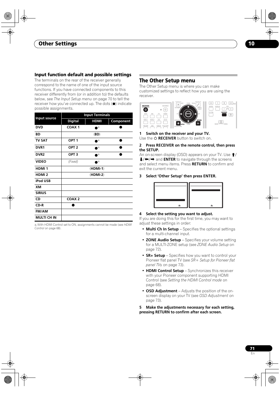 Input function default and possible settings, The other setup menu, Other settings 10 | Pioneer Elite VSX-03TXH User Manual | Page 71 / 104