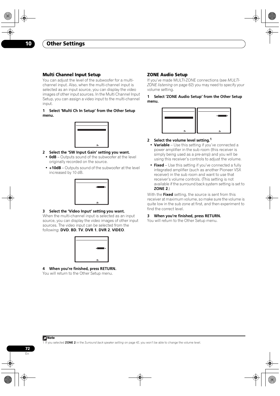 Multi channel input setup, Zone audio setup, Other settings 10 | Pioneer Elite VSX-03TXH User Manual | Page 72 / 104