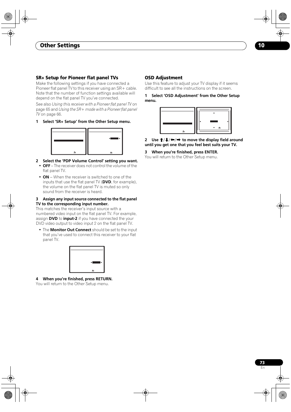 Other settings 10, Sr+ setup for pioneer flat panel tvs, Osd adjustment | Pioneer Elite VSX-03TXH User Manual | Page 73 / 104