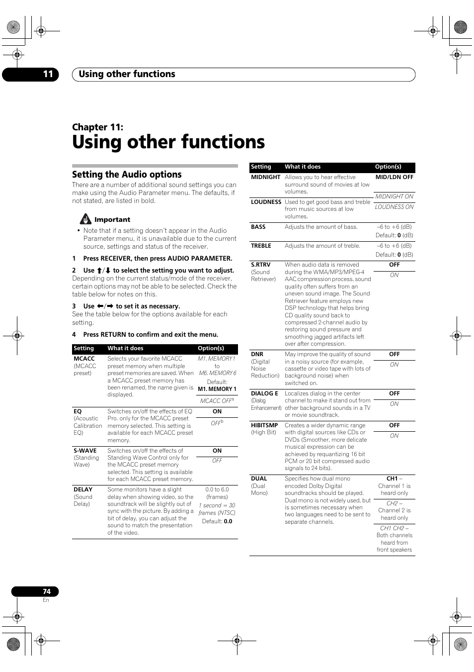 Setting the audio options, Using other functions, Using other functions 11 | Chapter 11 | Pioneer Elite VSX-03TXH User Manual | Page 74 / 104