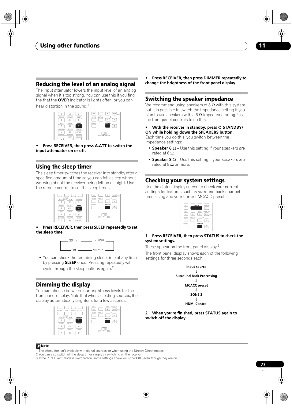 Using other functions 11, Reducing the level of an analog signal, Using the sleep timer | Dimming the display, Switching the speaker impedance, Checking your system settings | Pioneer Elite VSX-03TXH User Manual | Page 77 / 104