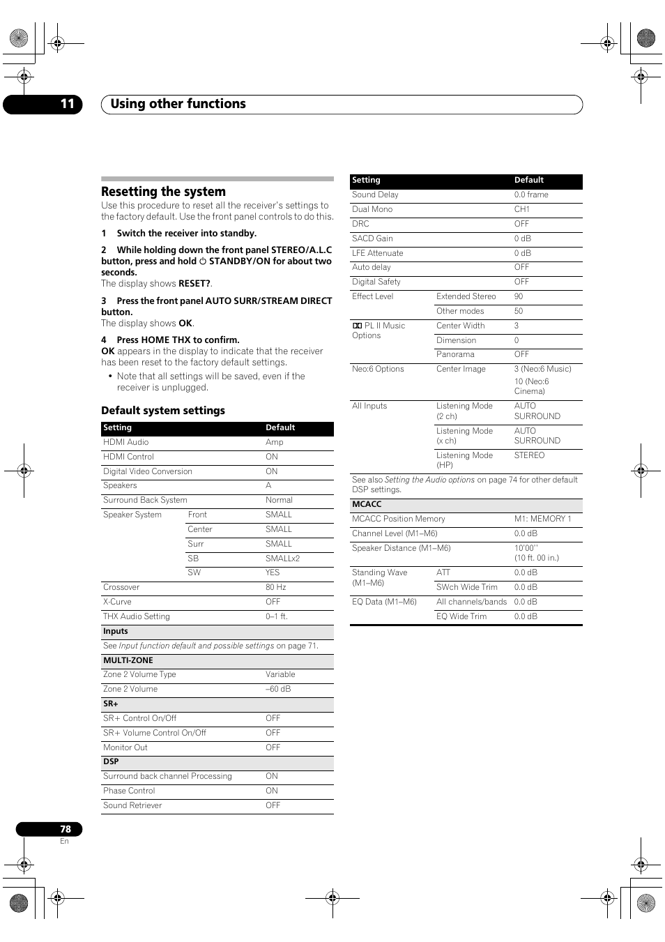 Resetting the system, Using other functions 11 | Pioneer Elite VSX-03TXH User Manual | Page 78 / 104