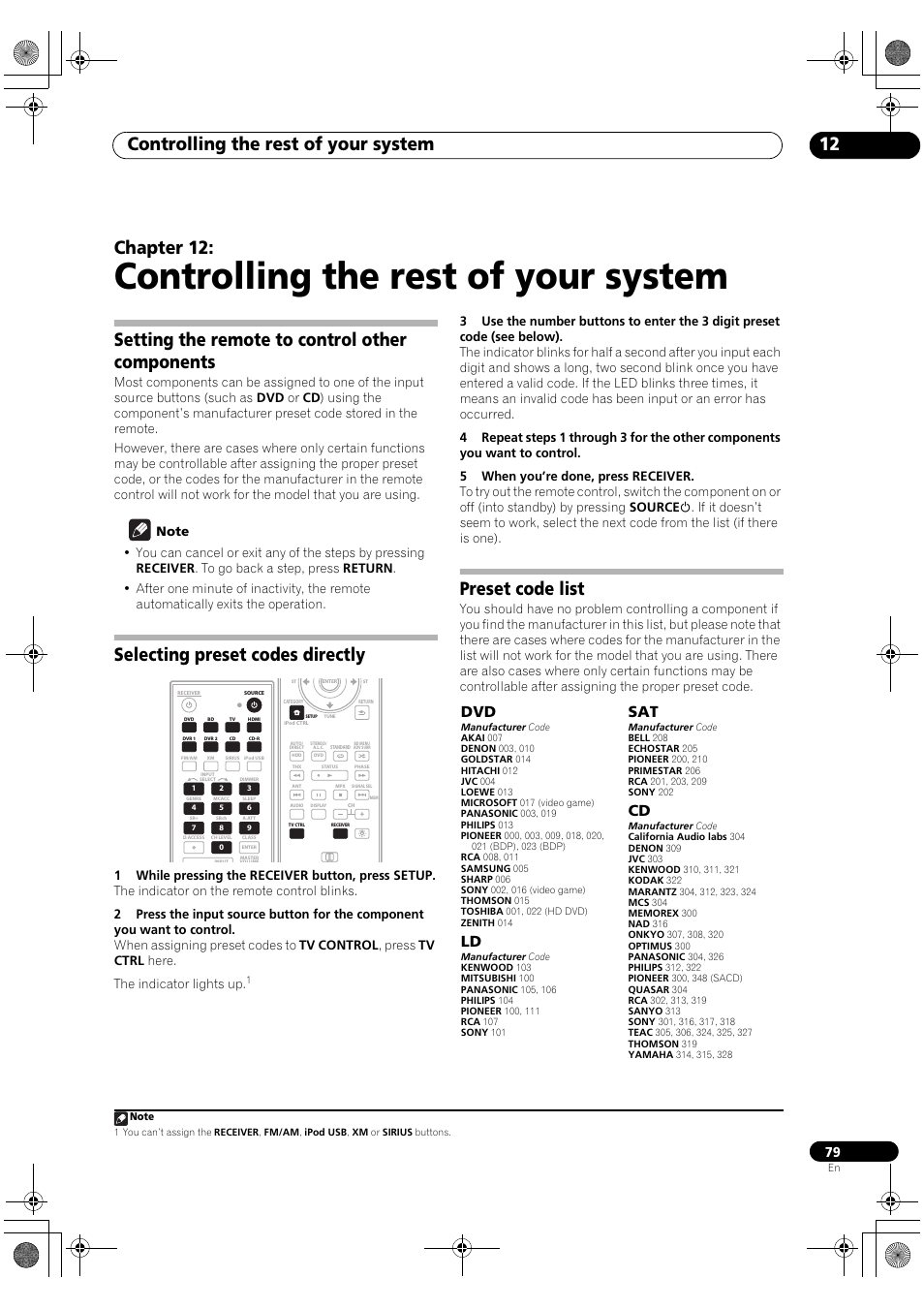 Controlling the rest of your system, Controlling the rest of your system 12, Chapter 12 | Setting the remote to control other components, Selecting preset codes directly, Preset code list | Pioneer Elite VSX-03TXH User Manual | Page 79 / 104