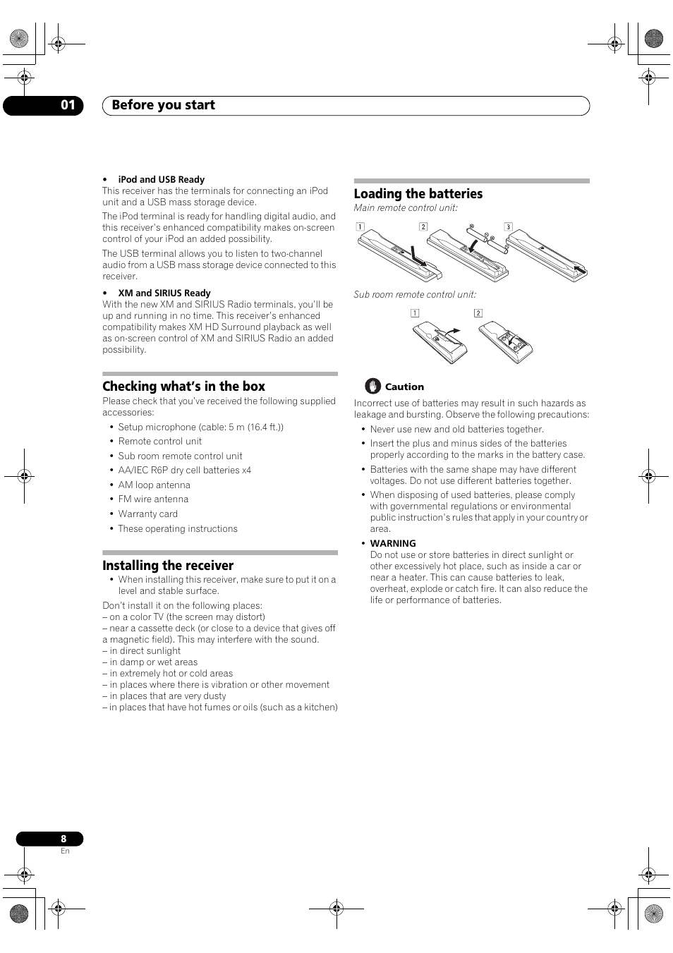 Before you start 01, Checking what’s in the box, Installing the receiver | Loading the batteries | Pioneer Elite VSX-03TXH User Manual | Page 8 / 104