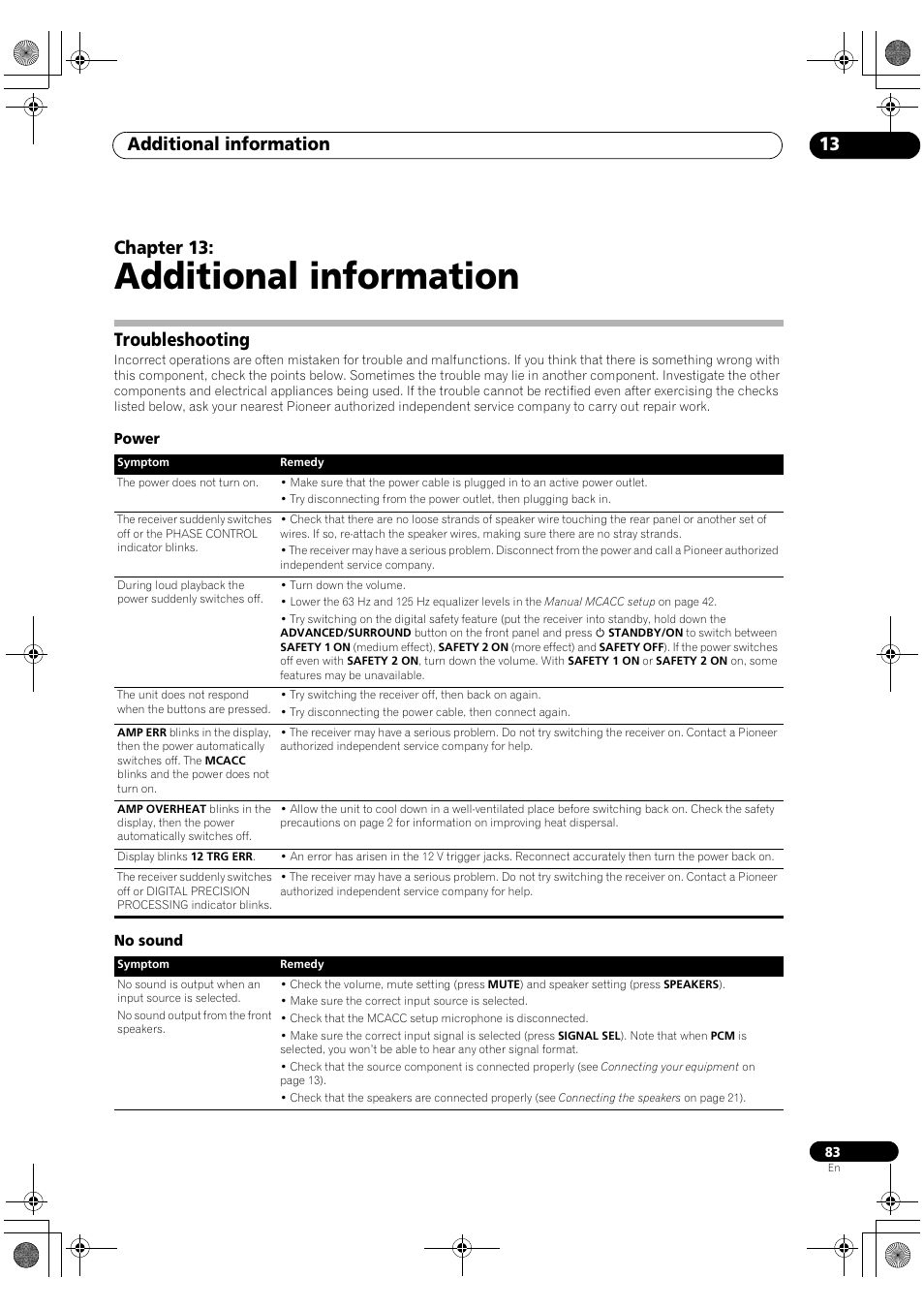 Troubleshooting, Power no sound, Additional information | Additional information 13, Chapter 13 | Pioneer Elite VSX-03TXH User Manual | Page 83 / 104