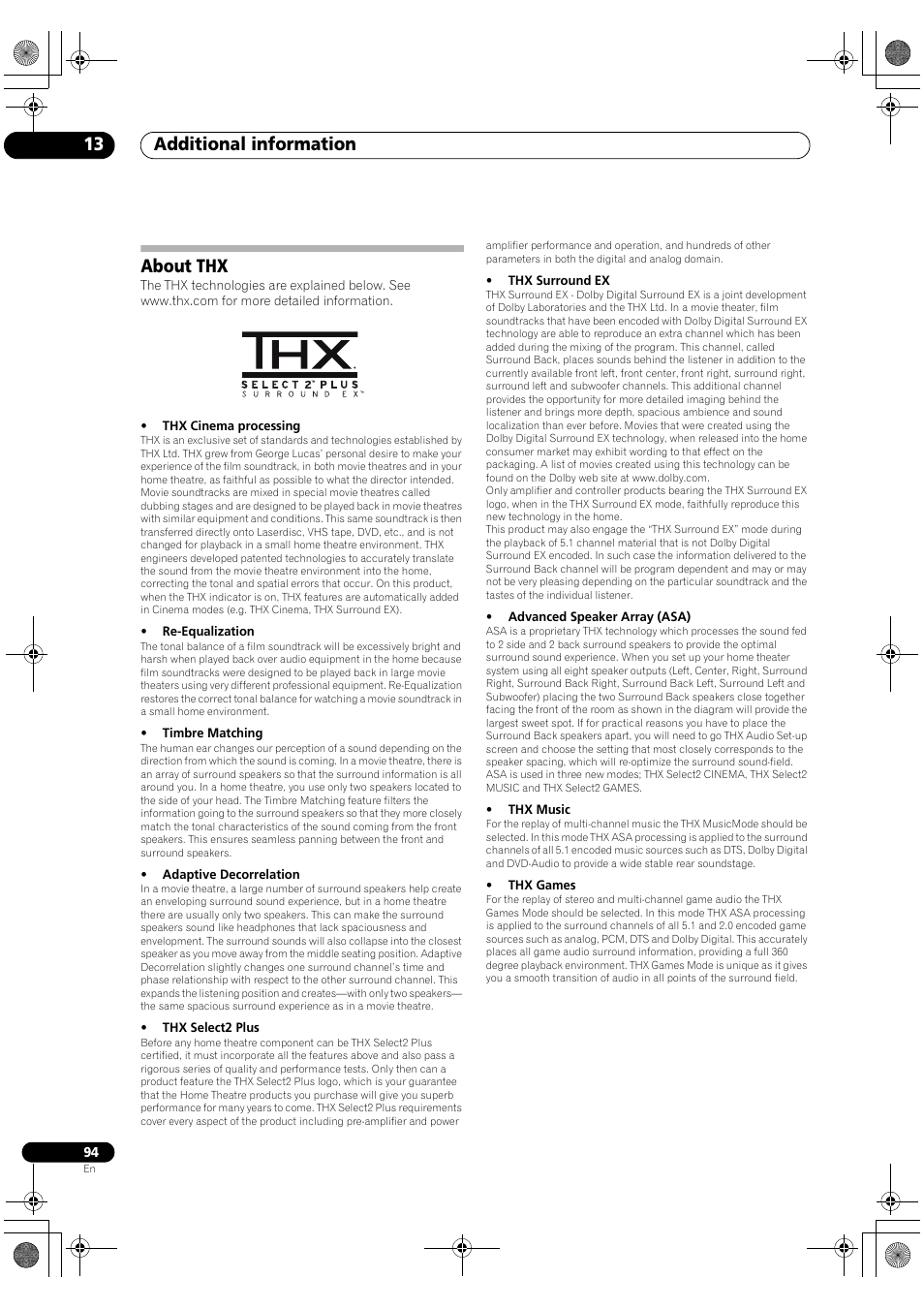 About thx, Additional information 13 | Pioneer Elite VSX-03TXH User Manual | Page 94 / 104