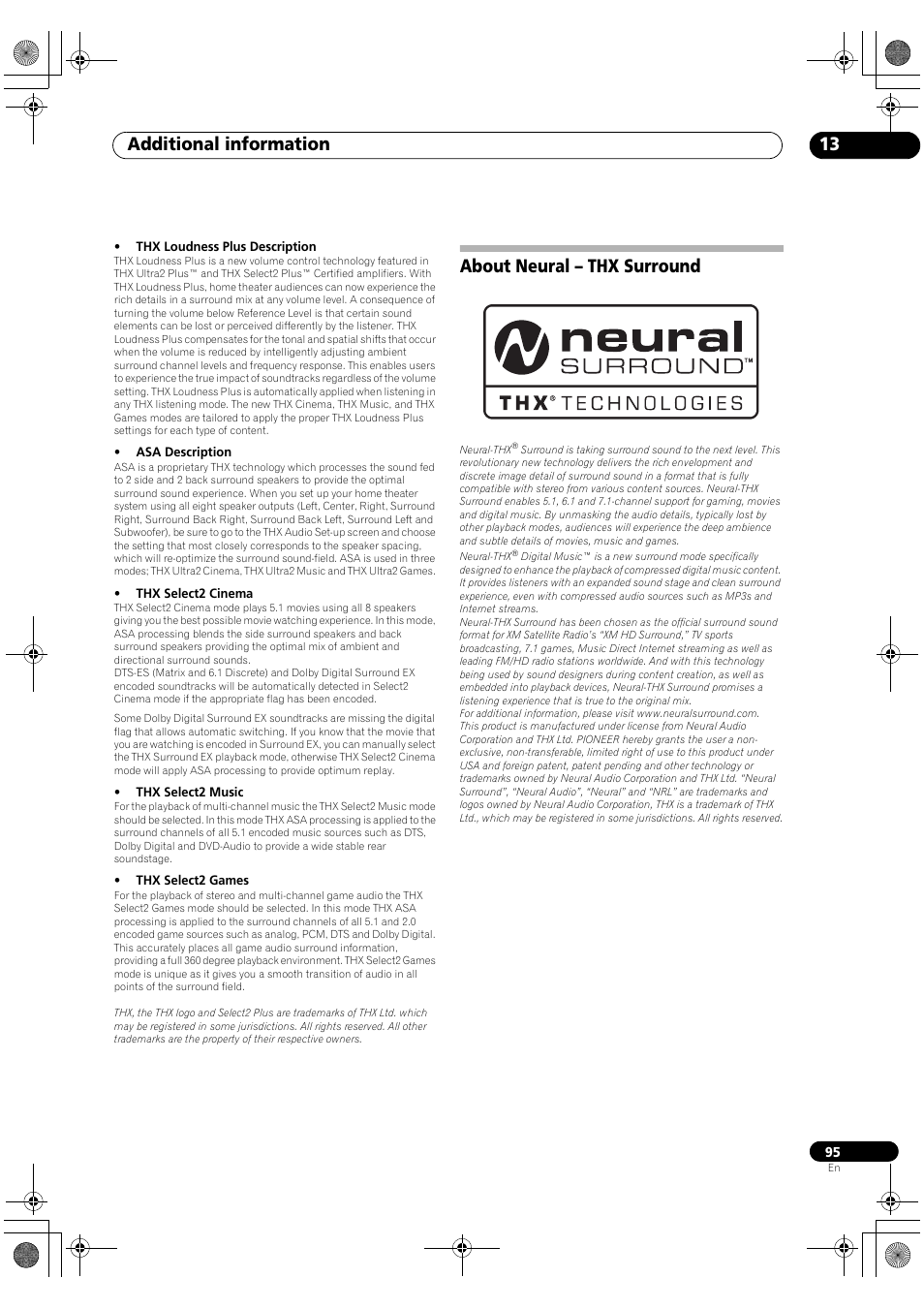 About neural – thx surround, Additional information 13 | Pioneer Elite VSX-03TXH User Manual | Page 95 / 104