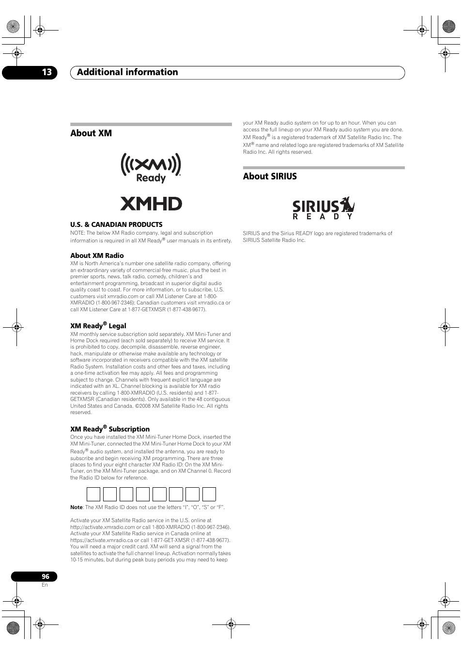 About xm about sirius, Additional information 13, About xm | About sirius | Pioneer Elite VSX-03TXH User Manual | Page 96 / 104