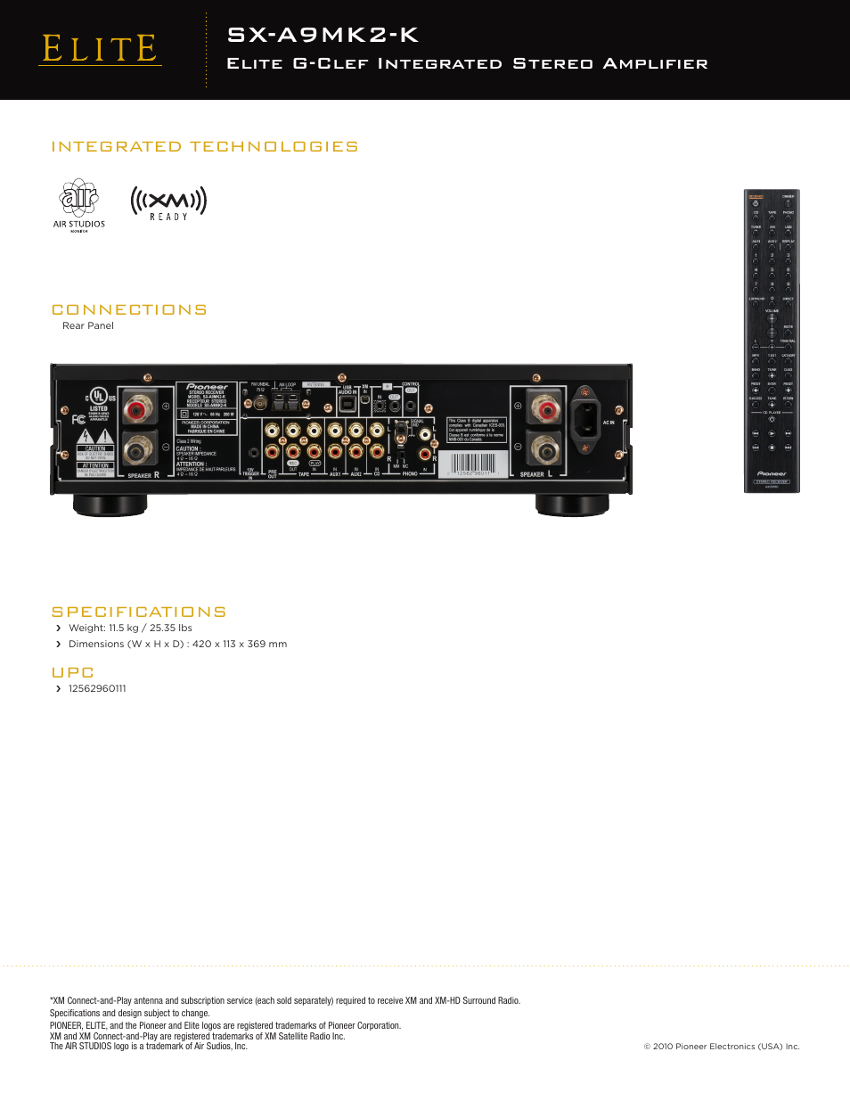 Sx-a9mk2-k, Elite g-clef integrated stereo amplifier, Connections | Integrated technologies, Specifications | Pioneer Elite G-Clef SX-A9MK2-K User Manual | Page 2 / 2