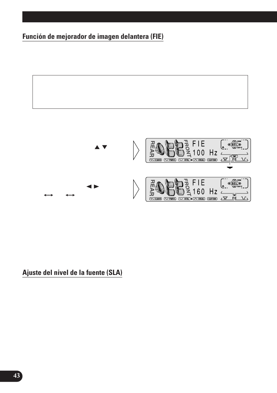 Ajuste de audio, Función de mejorador de imagen delantera (fie), Ajuste del nivel de la fuente (sla) | Pioneer KEH-P7900R User Manual | Page 102 / 120