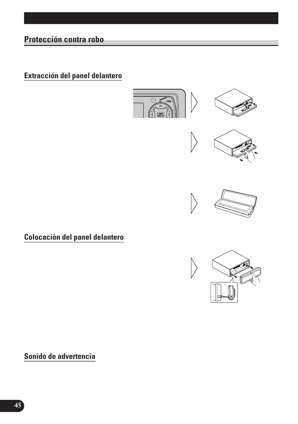 Extracción y colocación del panel, Delantero, Protección contra robo | Extracción del panel delantero, Colocación del panel delantero, Sonido de advertencia, Extracción y colocación del panel delantero | Pioneer KEH-P7900R User Manual | Page 104 / 120