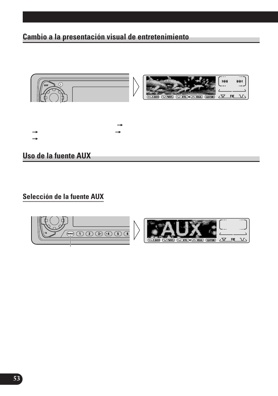 Otras funciones, Cambio a la presentación visual de, Entretenimiento | Uso de la fuente aux, Selección de la fuente aux, Ingreso de título para la fuente aux (title), Cambio a la presentación visual de entretenimiento | Pioneer KEH-P7900R User Manual | Page 112 / 120
