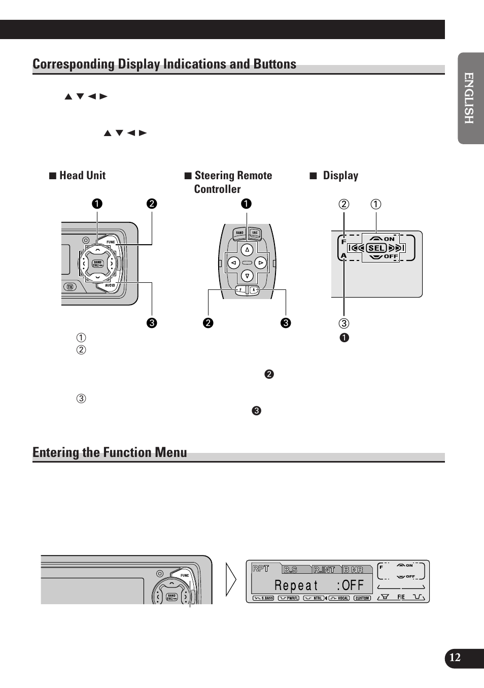 Corresponding display indications and, Buttons, Entering the function menu | Corresponding display indications and buttons | Pioneer KEH-P7900R User Manual | Page 13 / 120
