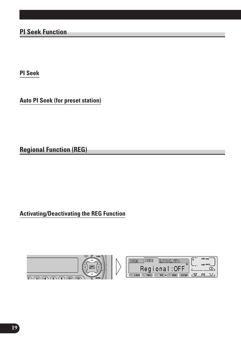 Pi seek function, Pi seek, Auto pi seek (for preset station) | Regional function (reg), Activating/deactivating the reg function, A title (english), Using rds functions | Pioneer KEH-P7900R User Manual | Page 20 / 120