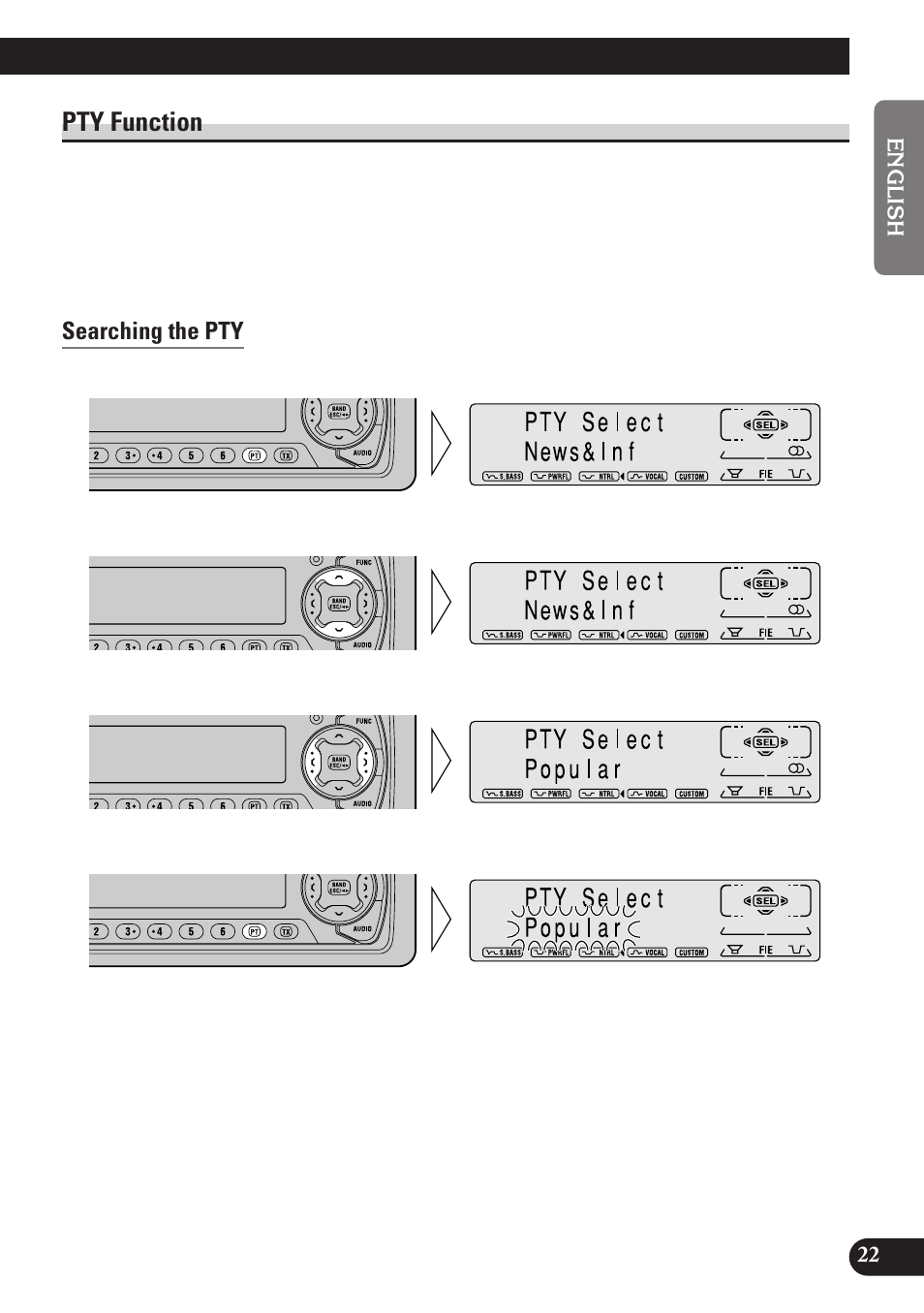 Pty function, Searching the pty, News program interruption setting (news) | Pty alarm, Canceling announcements, Pty list, A title (english) | Pioneer KEH-P7900R User Manual | Page 23 / 120