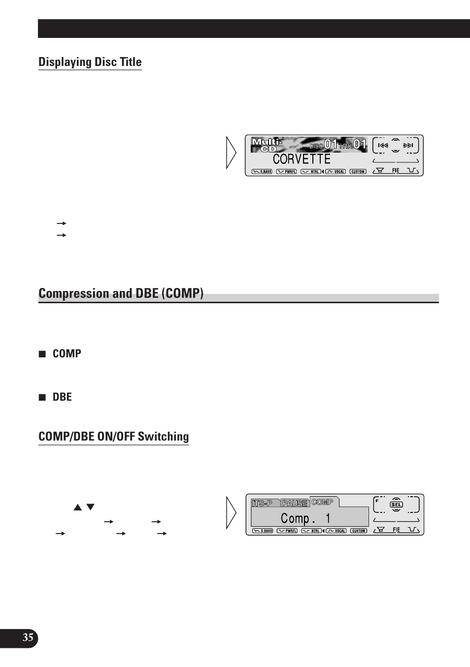 Compression and dbe (comp), Comp/dbe on/off switching, Using multi-cd players | Displaying disc title | Pioneer KEH-P7900R User Manual | Page 36 / 120