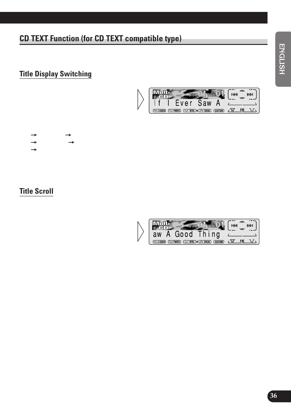 Cd text function (for cd text, Compatible type), Title display switching | Title scroll, A title (english), Cd text function (for cd text compatible type) | Pioneer KEH-P7900R User Manual | Page 37 / 120