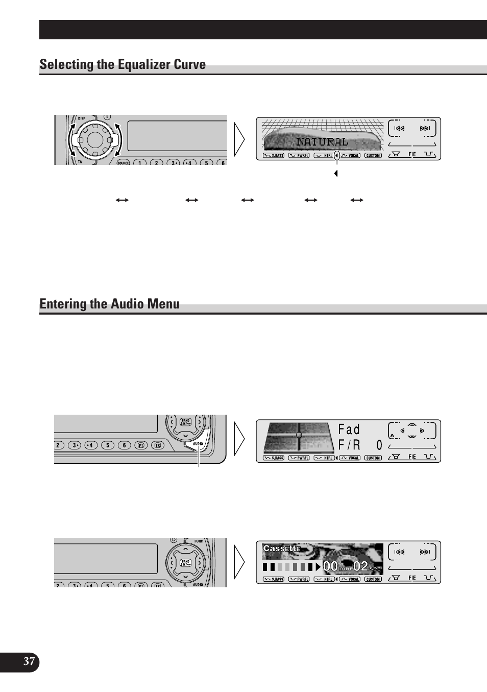 Audio adjustment, A title (english) audio adjustment, Selecting the equalizer curve | Entering the audio menu | Pioneer KEH-P7900R User Manual | Page 38 / 120