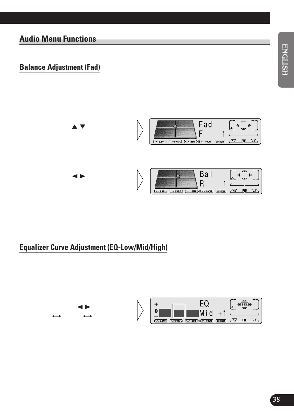 Audio menu functions, Balance adjustment (fad), Equalizer curve adjustment (eq-low/mid/high) | Equalizer curve fine adjustment, Loudness adjustment (loud), Subwoofer output (sub-w1), Subwoofer setting adjustment (sub-w2), Non fading output (nonfad), Non fading output level adjustment (nonfad), High pass filter (hpf) | Pioneer KEH-P7900R User Manual | Page 39 / 120