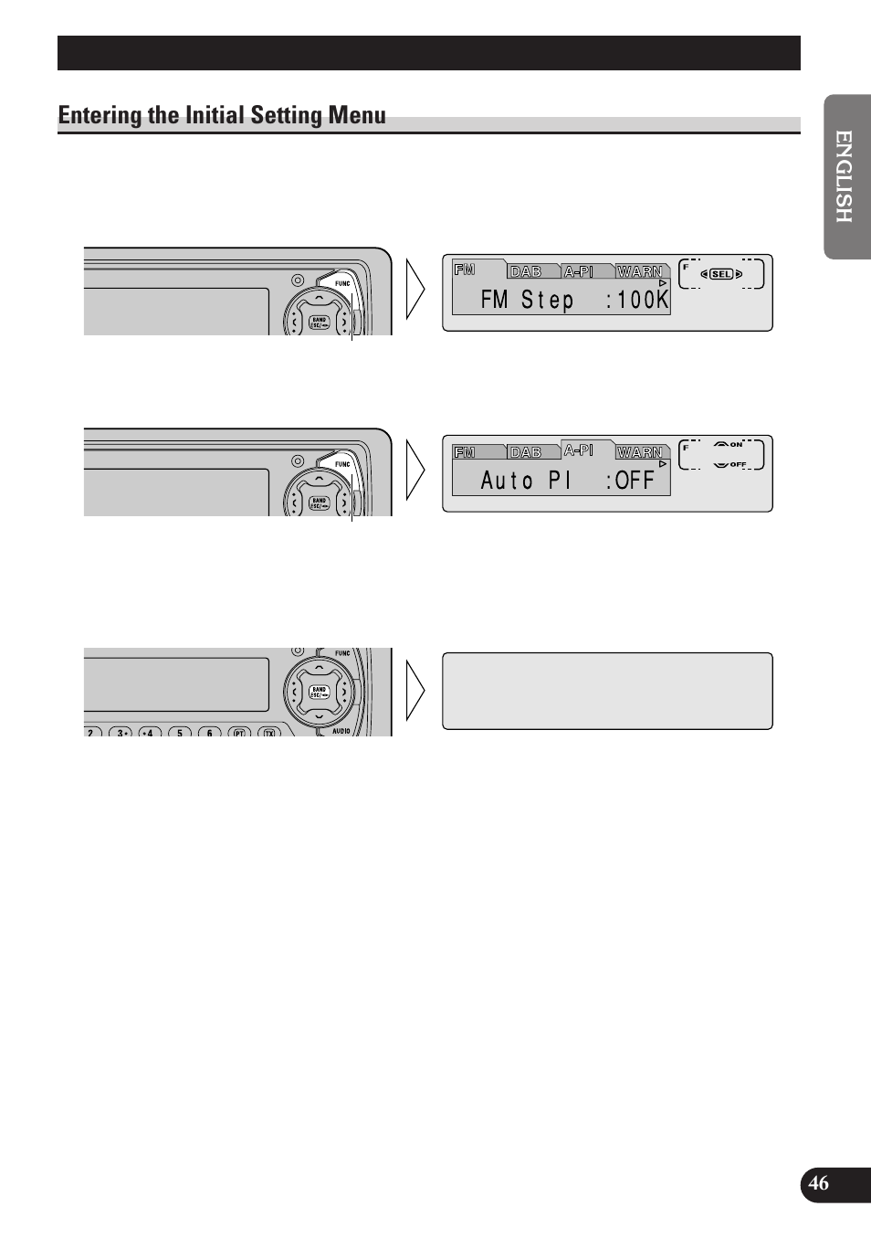 Initial setting, Entering the initial setting menu, A title (english) | Pioneer KEH-P7900R User Manual | Page 47 / 120