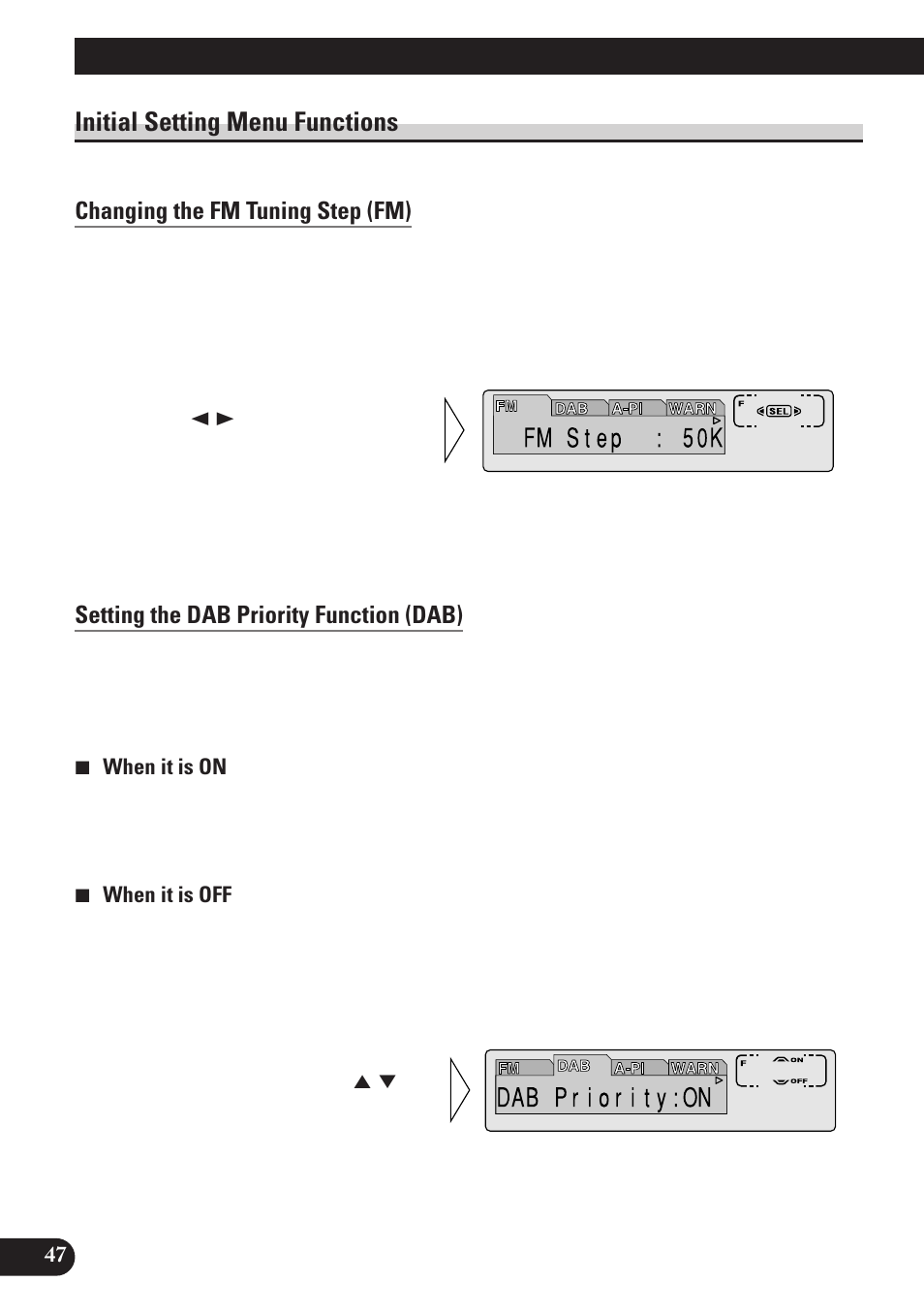 Initial setting menu functions, Changing the fm tuning step (fm), Setting the dab priority function (dab) | Switching the auto pi seek (a-pi), Setting the warning tone (warn), Switching the aux mode (aux), Setting the dimmer (dim), Selecting the brightness (bright), Selecting the illumination color (ill), Switching the telephone standby (tel 2) | Pioneer KEH-P7900R User Manual | Page 48 / 120