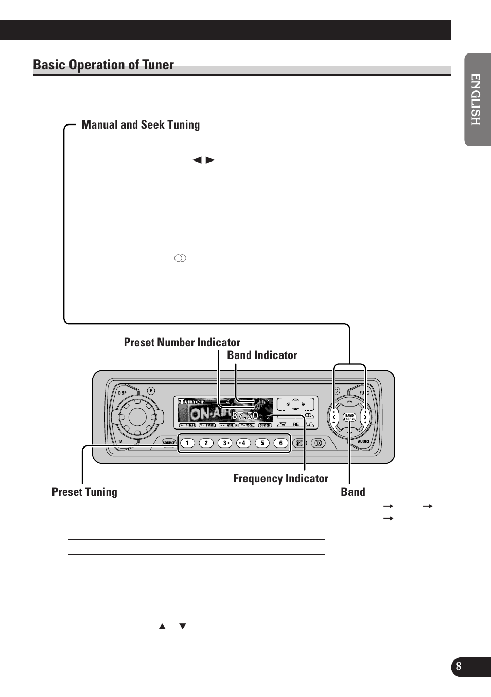 Basic operation of tuner, Manual and seek tuning, Preset tuning | Band | Pioneer KEH-P7900R User Manual | Page 9 / 120
