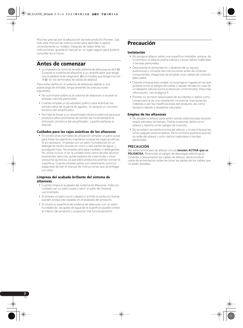 Manual de instrucciones, Sistema de parlante, Antes de comenzar | Precaución | Pioneer S-LX70C User Manual | Page 14 / 26