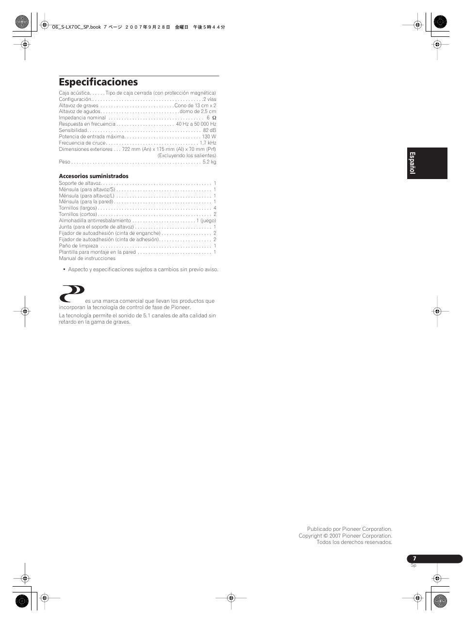 Especificaciones | Pioneer S-LX70C User Manual | Page 19 / 26