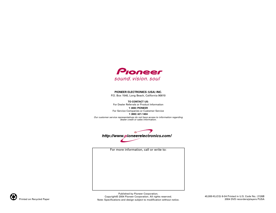 Pioneer D V D R E C O R D E R S A N D P L A Y E R S User Manual | Page 16 / 16