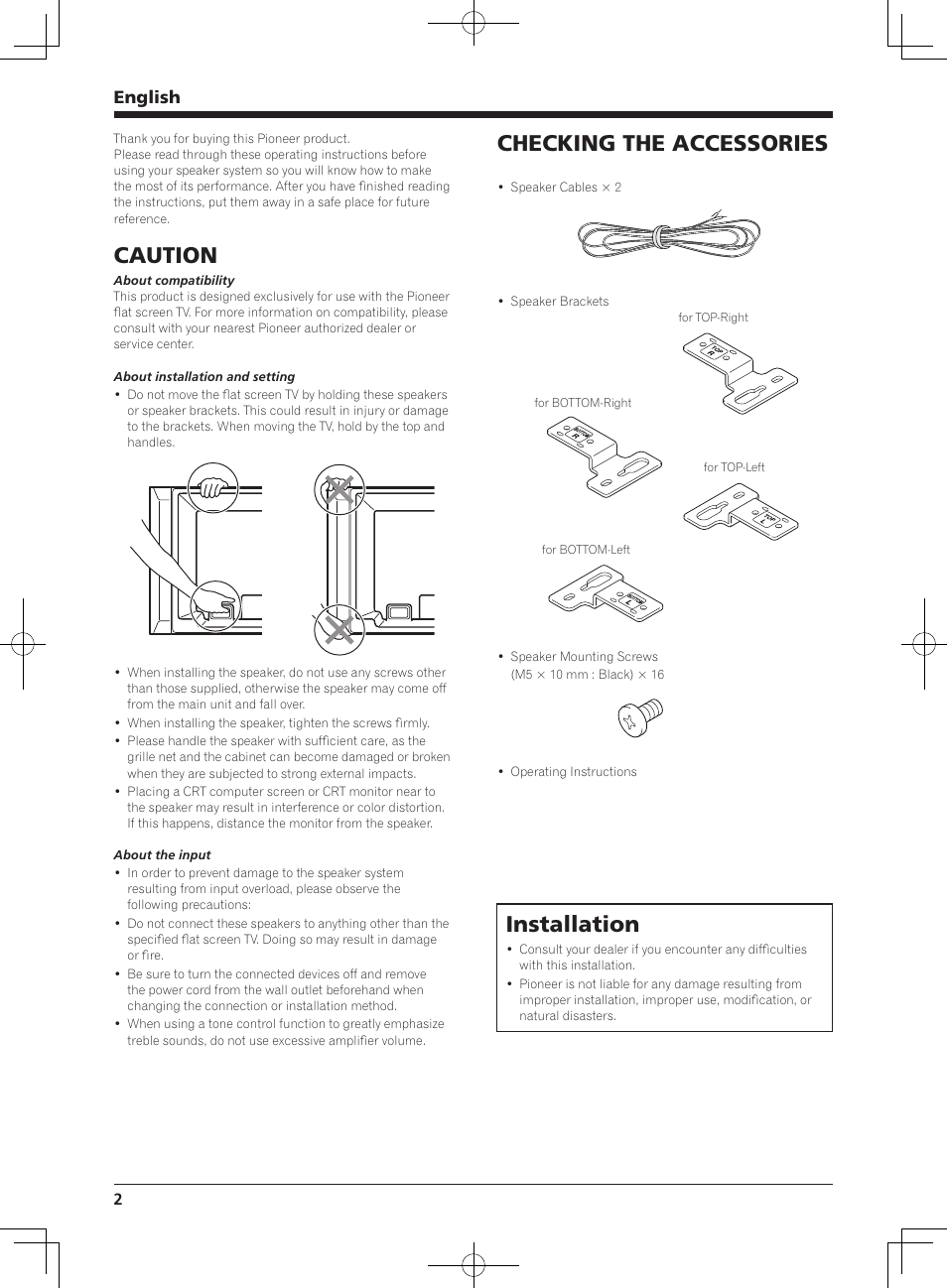 Caution, Checking the accessories, Installation | English | Pioneer KURO PDP-S62 User Manual | Page 2 / 50