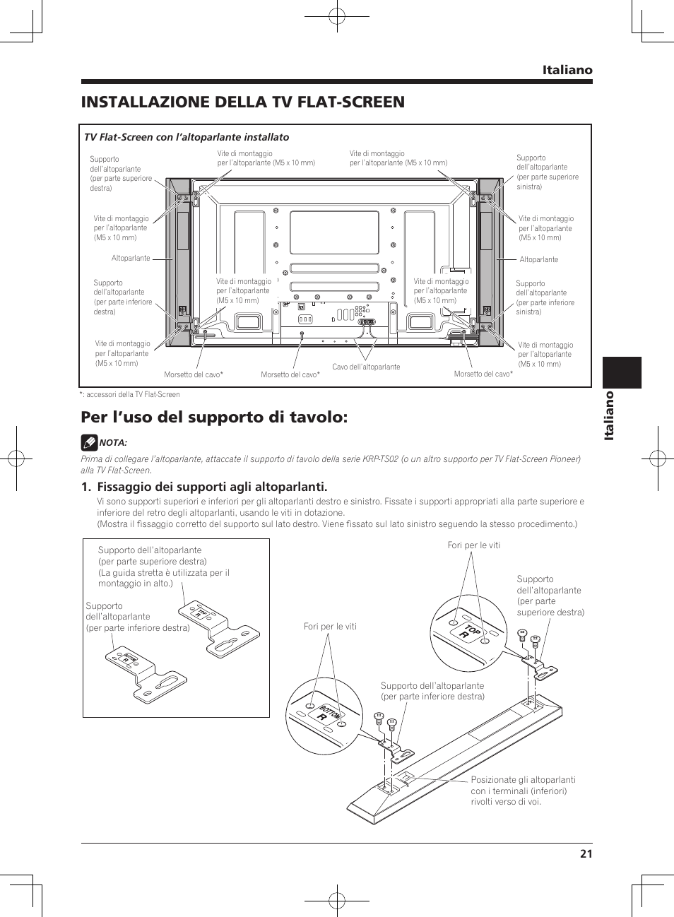 Installazione della tv flat-screen, Per l’uso del supporto di tavolo, Italiano | Fissaggio dei supporti agli altoparlanti | Pioneer KURO PDP-S62 User Manual | Page 21 / 50