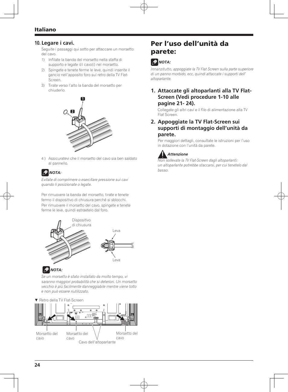 Per l’uso dell’unità da parete, Italiano, Legare i cavi | Pioneer KURO PDP-S62 User Manual | Page 24 / 50