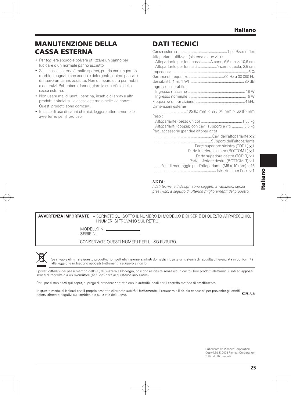 Dati tecnici, Manutenzione della cassa esterna, Italiano | Pioneer KURO PDP-S62 User Manual | Page 25 / 50