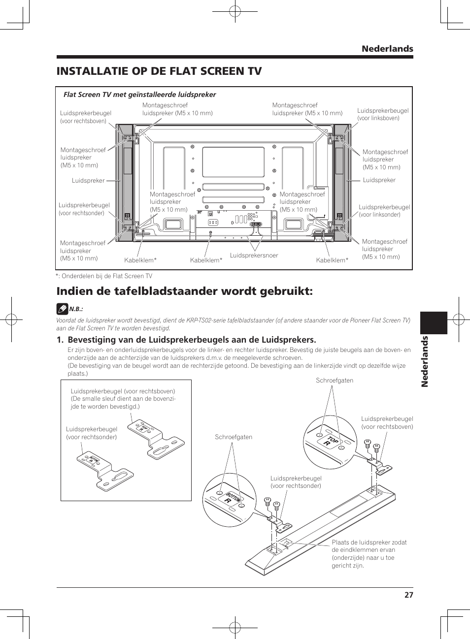 Installatie op de flat screen tv, Indien de tafelbladstaander wordt gebruikt, Nederlands | Pioneer KURO PDP-S62 User Manual | Page 27 / 50