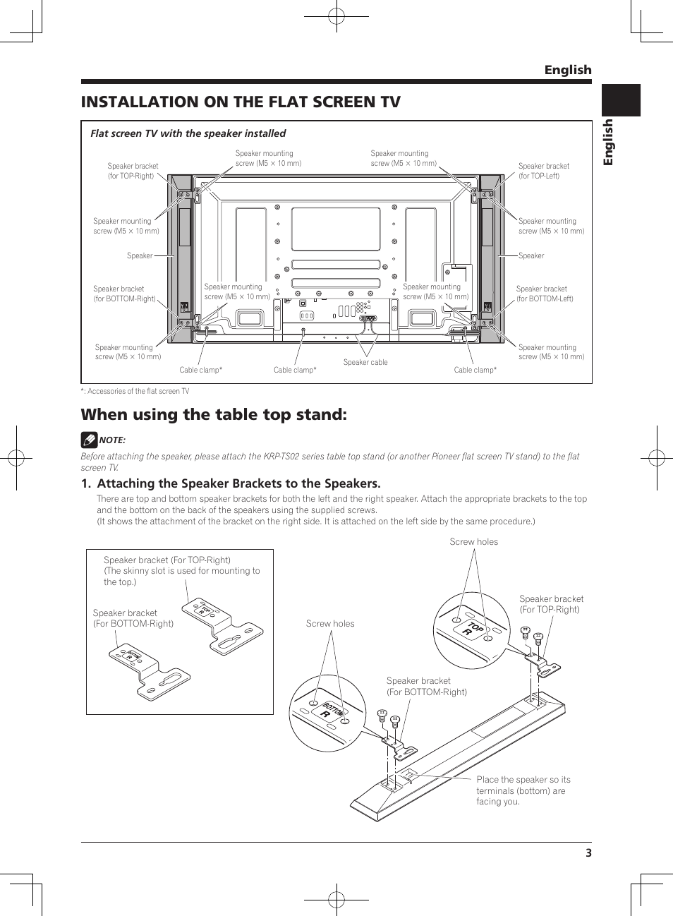 Installation on the flat screen tv, When using the table top stand, English | Attaching the speaker brackets to the speakers | Pioneer KURO PDP-S62 User Manual | Page 3 / 50