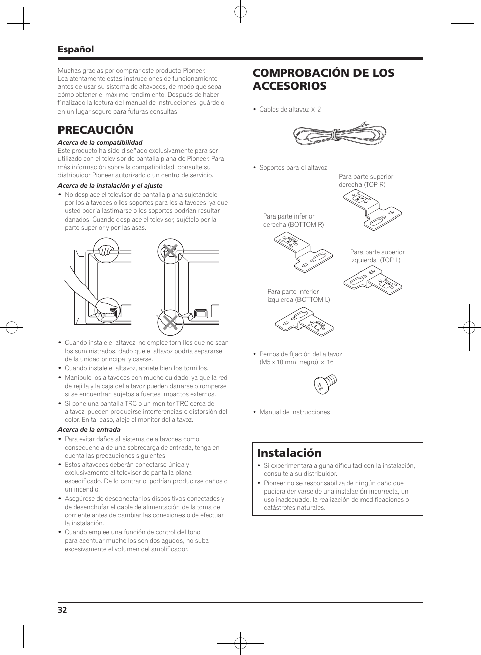 Precaución, Comprobación de los accesorios, Instalación | Español | Pioneer KURO PDP-S62 User Manual | Page 32 / 50