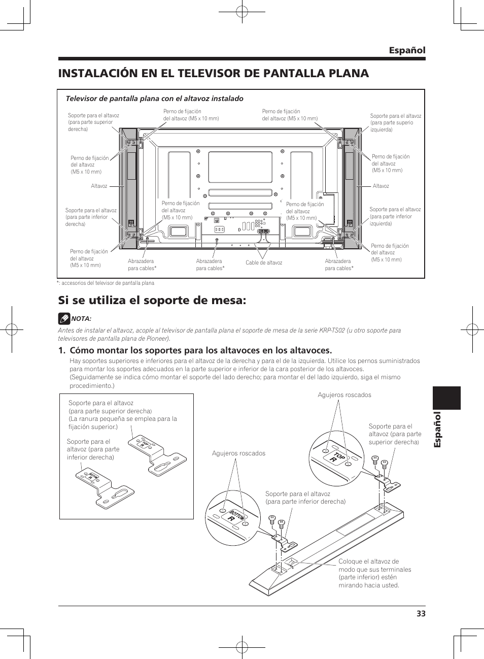 Instalación en el televisor de pantalla plana, Si se utiliza el soporte de mesa, Español | Pioneer KURO PDP-S62 User Manual | Page 33 / 50