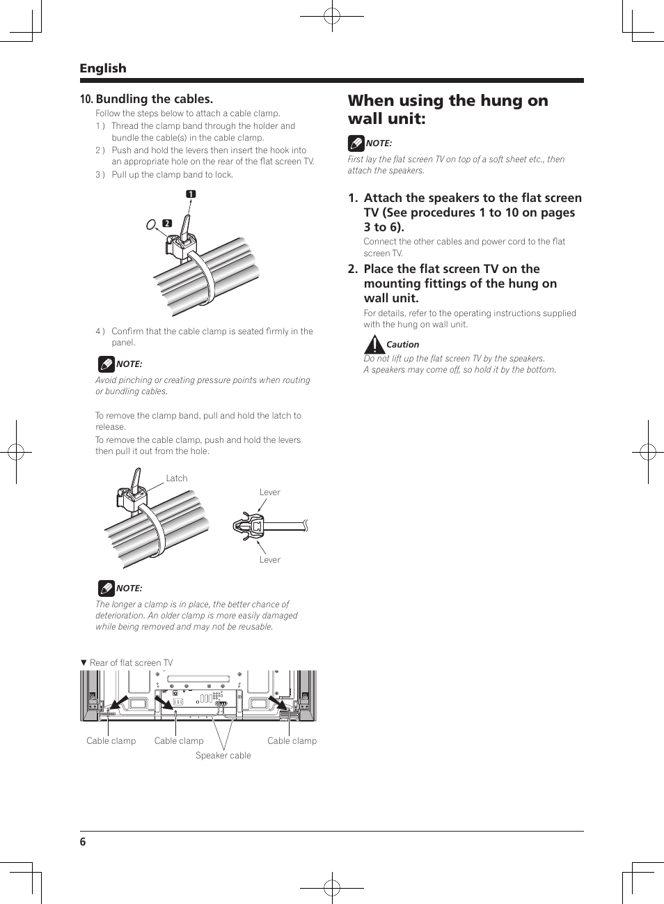 When using the hung on wall unit, English, Bundling the cables | Pioneer KURO PDP-S62 User Manual | Page 6 / 50