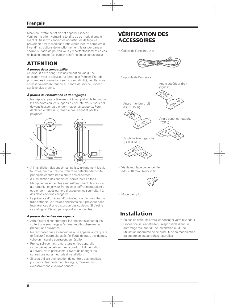 Attention, Vérification des accessoires, Installation | Français | Pioneer KURO PDP-S62 User Manual | Page 8 / 50