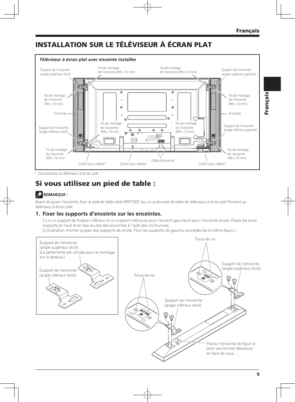 Installation sur le téléviseur à écran plat, Si vous utilisez un pied de table, Français | Fixer les supports d’enceinte sur les enceintes | Pioneer KURO PDP-S62 User Manual | Page 9 / 50