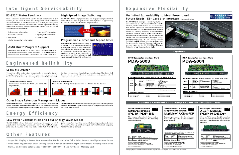 Intelligent serviceability, Rs-232c status feedback, High speed image switching | Programmable timer and repeat timer, Amx duet™ program support, Engineered reliability, Seamless orbiter, Other image retention management modes, Energy efficiency, Low power consumption and four energy saver modes | Pioneer PDP 607CMX User Manual | Page 4 / 4