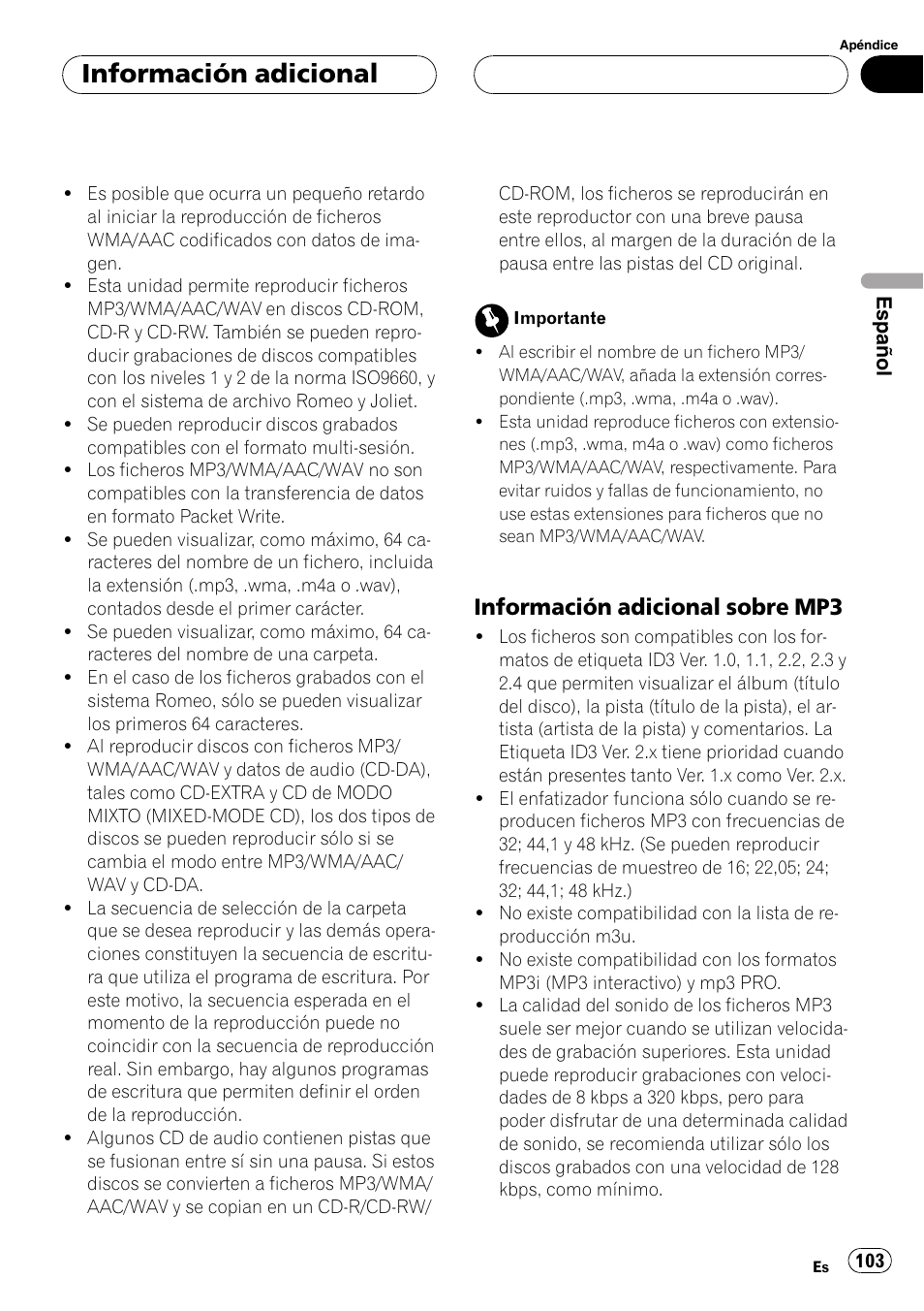 Información adicional sobre, Mp3 103, Información adicional | Información adicional sobre mp3 | Pioneer SUPER TUNER DEH-P5850MP User Manual | Page 103 / 166