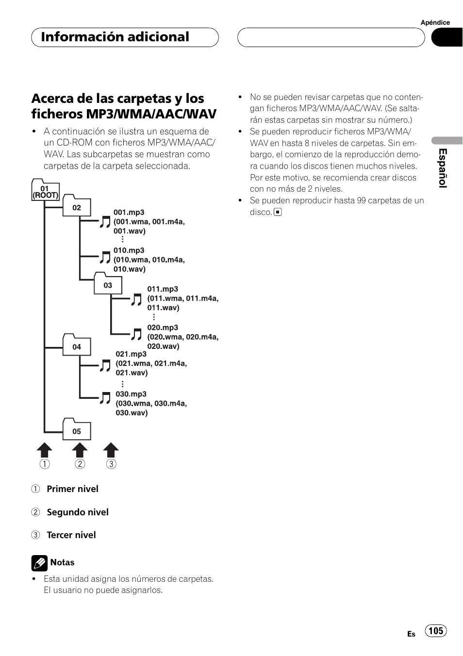 Acerca de las carpetas y los ficheros mp3, Wma/aac/wav 105, Información adicional | Pioneer SUPER TUNER DEH-P5850MP User Manual | Page 105 / 166