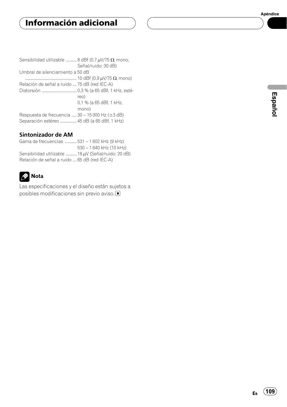 Información adicional, Español | Pioneer SUPER TUNER DEH-P5850MP User Manual | Page 109 / 166