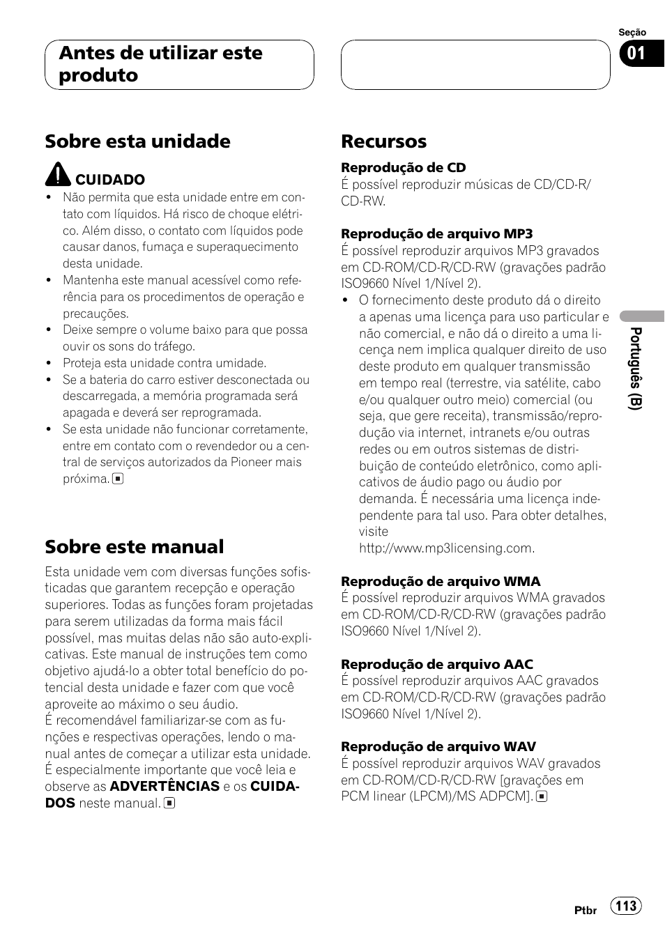 Sobre este manual 113, Recursos 113, Sobre esta unidade | Sobre este manual, Recursos, Antes de utilizar este produto | Pioneer SUPER TUNER DEH-P5850MP User Manual | Page 113 / 166