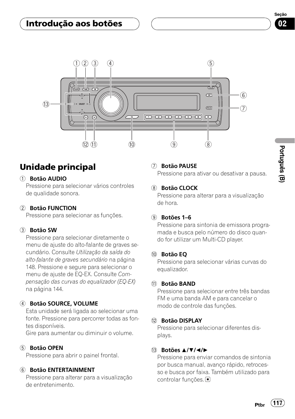 Introdução aos botões, Unidade principal 117, Unidade principal | Pioneer SUPER TUNER DEH-P5850MP User Manual | Page 117 / 166