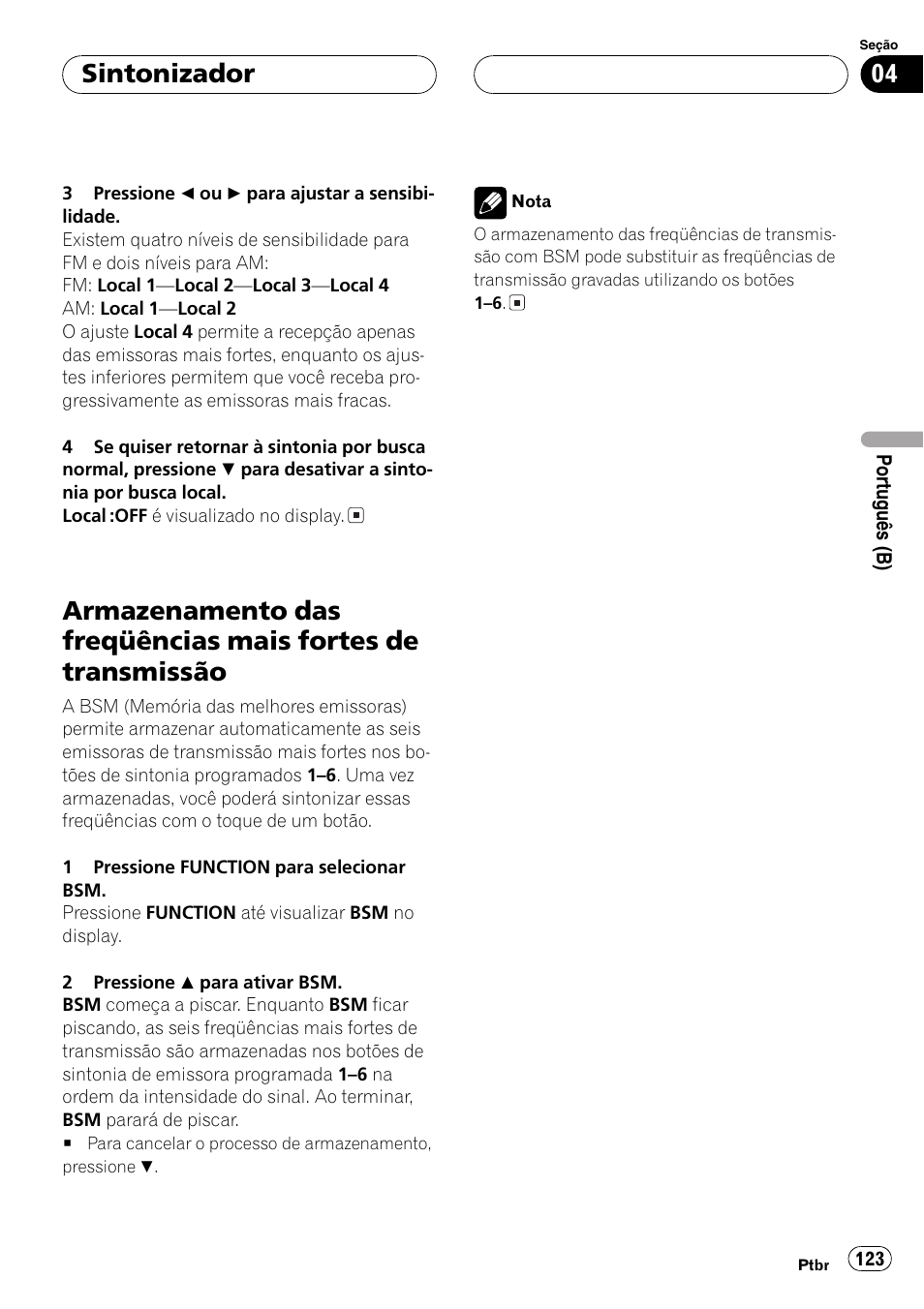 Armazenamento das freqüências mais fortes, De transmissão 123, Sintonizador | Pioneer SUPER TUNER DEH-P5850MP User Manual | Page 123 / 166